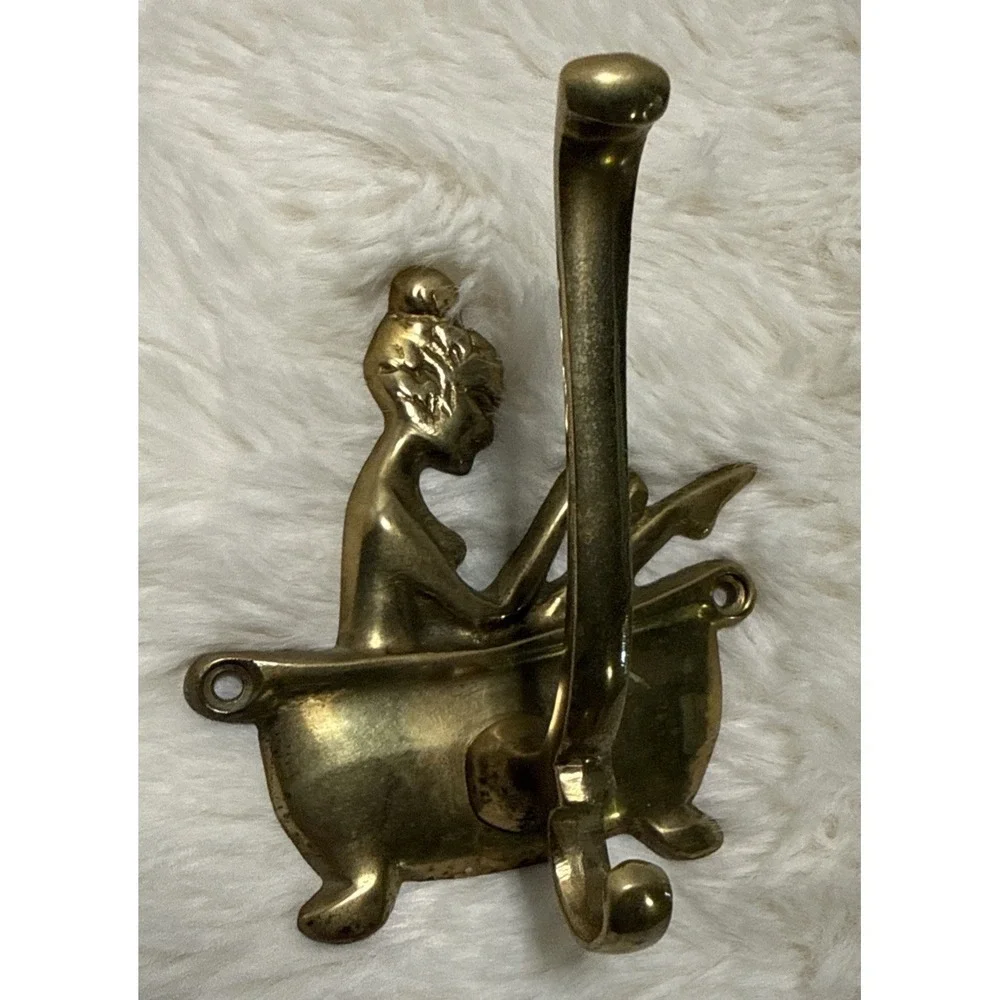 Vintage Brass Wall Hook Woman Bathtub Gold Bathroom Bathe Hollywood Regency Deco